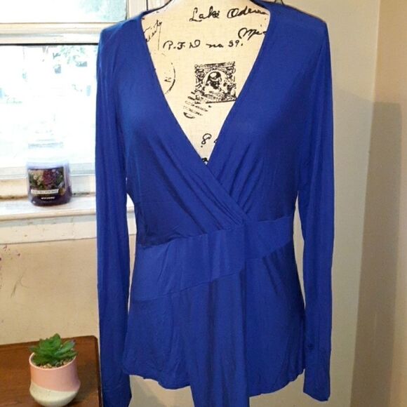 GORGEOUS ROYAL BLUE LONG SLEEVE WRAP V-NECK BLOUSE SIZE MEDIUM - Picture 1 of 4